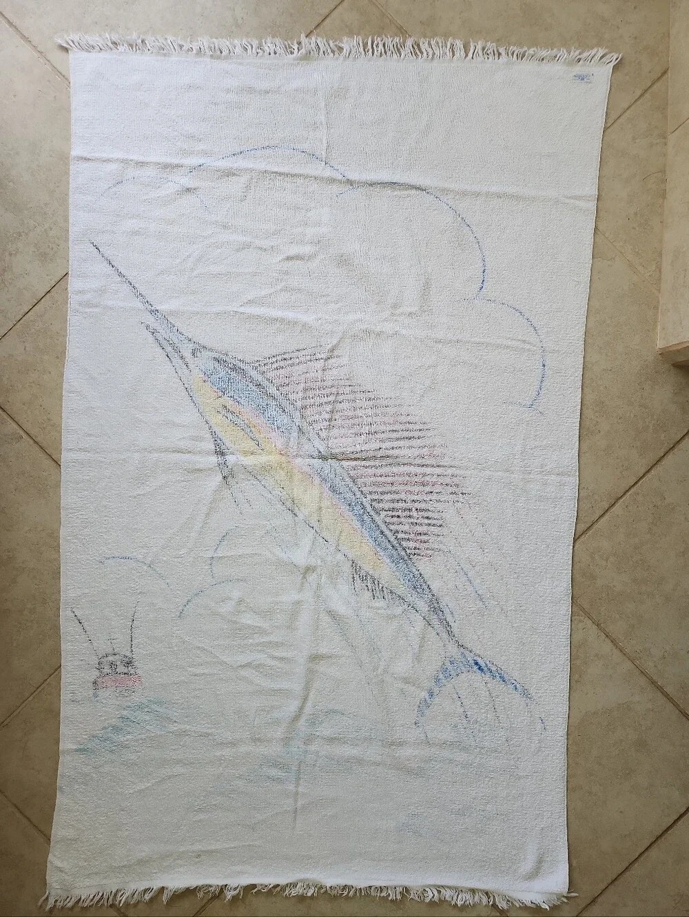 Lot of 2 Vtg Cannon Beach Towel w fringe Good Catch Sailfish graphic 60s 70s